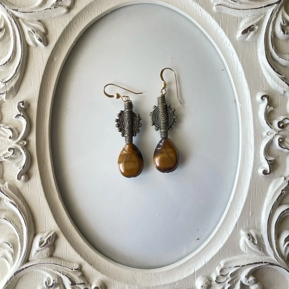 Gold and Brown Tribal-Inspired Earrings with Natural Tigereye Teardrop - Picture 3 of 3